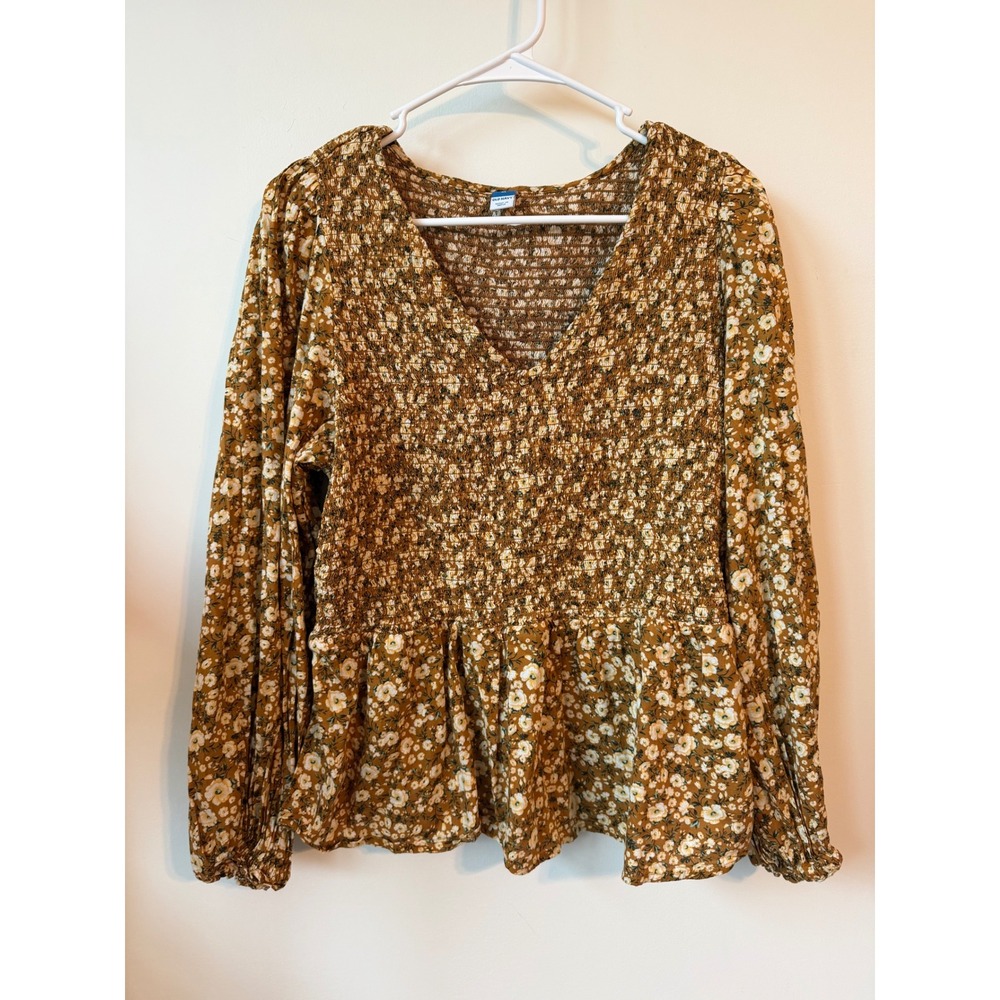 Old Navy Womens XL Floral Smocked Peplum Blouse Mustard Brown Long Sleeve V-Neck